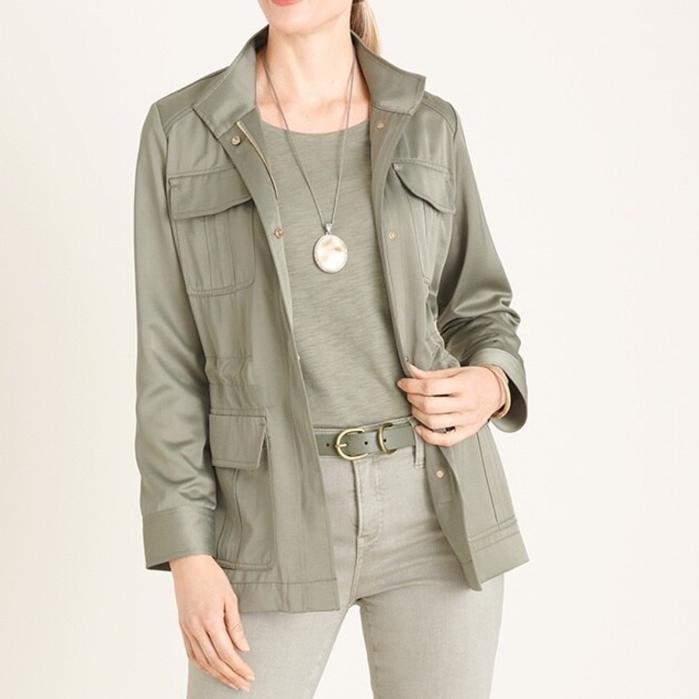 Chico’s satin Utility Jacket Size L Golden Tan NWT